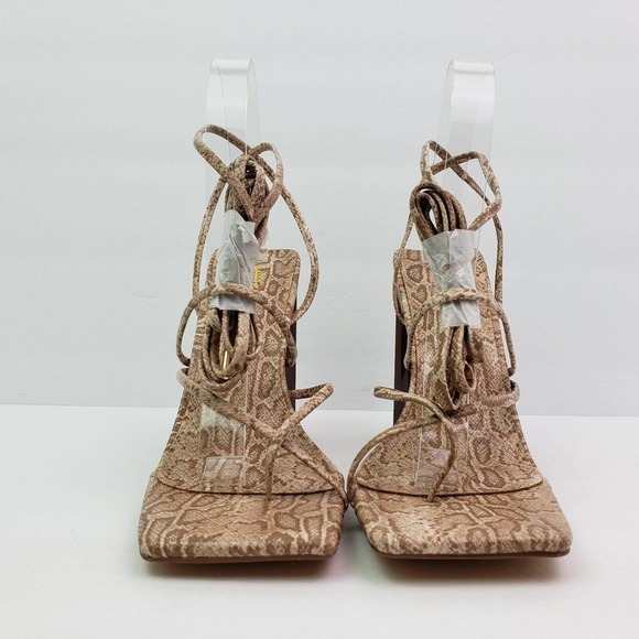 Miss Lola Rayez Womens Sz 8 Tan Snake Skin Pattern Ankle Ties 4.75" Heel Sandals - Picture 6 of 11